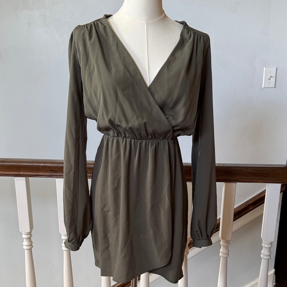 Arden B Olive Wrap-Style Long Sleeve Dress
